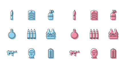 Sticker - Set line Submachine gun M3, Balaclava, Military knife, rank, Bullet, Bulletproof vest, Canteen water bottle and Chevron icon. Vector