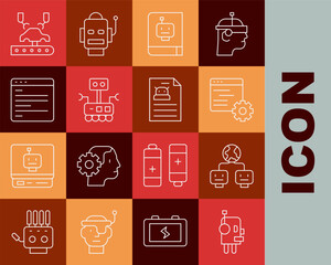 Poster - Set line Robot, Artificial intelligence, Computer api interface, User manual, Robotic robot arm on factory and Technical specification icon. Vector