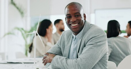 Aufkleber - Portrait of black man, smile in and boss at business office, confident project manager at engineering agency. Happy businessman leader with pride, entrepreneur and renewable energy startup in Africa.