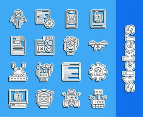 Poster - set line robot, drone, turn off robot from phone, motherboard digital chip, technical specification,