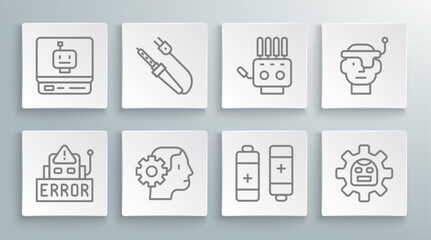 Sticker - Set line Error in robot, Soldering iron, Humanoid, Battery, Robot, Mechanical hand, Smart glasses and icon. Vector