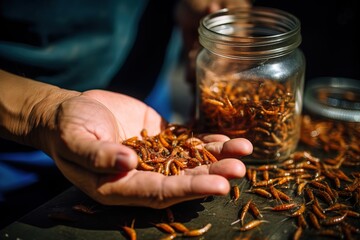 Canvas Print - hands with maggots. bait for fishing