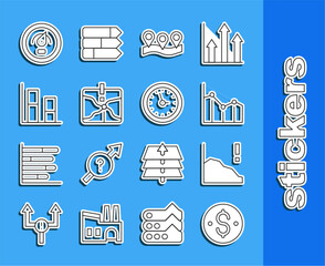 Sticker - Set line Dollar symbol, Financial growth decrease, Pie chart infographic, Location, Intersection point, Graph, chart, diagram, Digital speed meter and Clock icon. Vector