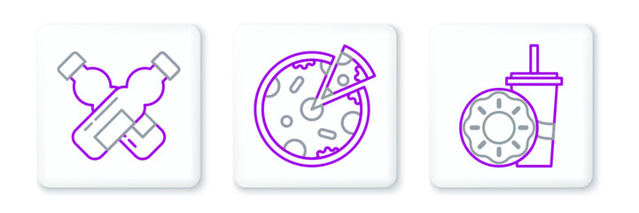 Sticker - Set line Paper glass with drinking straw and donut, Crossed bottle of water and Pizza icon. Vector