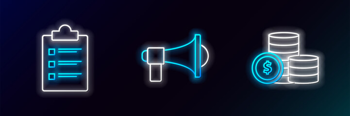 Poster - set line coin money with dollar symbol, clipboard checklist and megaphone icon. glowing neon. vector
