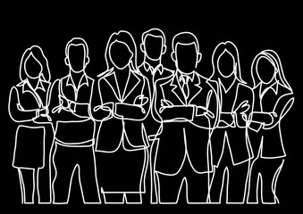 Poster - continuous line drawing vector illustration with FULLY EDITABLE STROKE of business team as a concept of team work startup group of professionals on black background