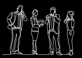 Poster - continuous line drawing vector illustration with FULLY EDITABLE STROKE of business team as a concept of team work startup group of professionals on black background