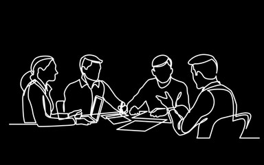 Poster - continuous line drawing vector illustration with FULLY EDITABLE STROKE of business team as a concept of team work startup group of professionals on black background