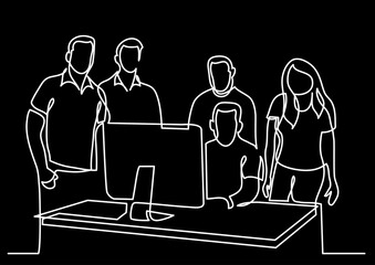Poster - continuous line drawing vector illustration with FULLY EDITABLE STROKE of business team as a concept of team work startup group of professionals on black background