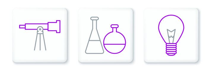 Sticker - Set line Light bulb with concept of idea, Telescope and Test tube and flask chemical laboratory icon. Vector