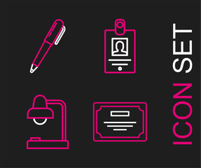 Poster - Set line Certificate template, Table lamp, Identification badge and Pen icon. Vector