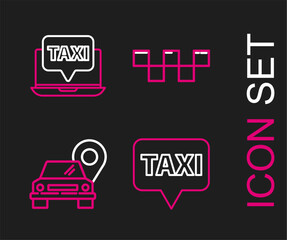 Canvas Print - Set line Map pointer with taxi, Taxi car roof and Laptop call service icon. Vector