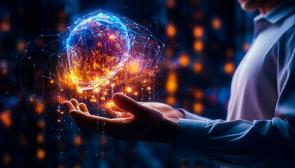 Wall Mural - Man holding an Ai brain Talk to AI, or Artificial Intelligence. AI Technology Concept, artificial intelligence by entering command prompt to generate something, Futuristic technology transition.