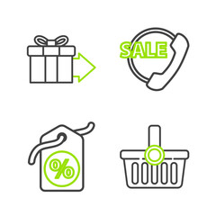 Poster - Set line Shopping basket, Discount percent tag, Telephone 24 hours support and Gift box icon. Vector