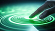 © IndigoElf - Closeup of hand, Finger pressing button, ripples out from button, futuristic style, white and green colors. 3d render illustration style.