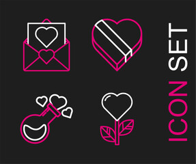 Sticker - Set line Heart shape in a flower, Bottle with love potion, Candy heart shaped box and Envelope Valentine icon. Vector