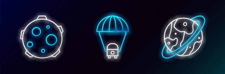 Poster - Set line Space capsule and parachute, UFO abducts cow and Planet Saturn icon. Glowing neon. Vector