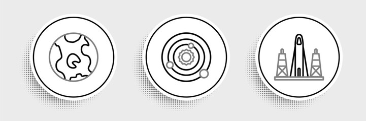 Poster - Set line Rocket launch from the spaceport, Earth globe and Solar system icon. Vector