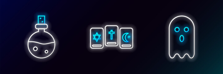 Wall Mural - Set line Ghost, Bottle with love potion and Three tarot cards icon. Glowing neon. Vector
