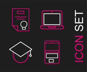 Poster - Set line Laptop, Graduation cap on globe, and Certificate template icon. Vector