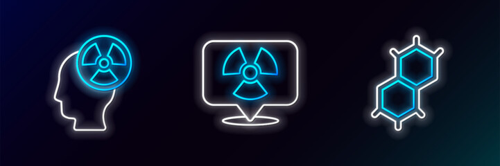 Sticker - Set line Chemical formula, Head and radiation symbol and Radioactive in location icon. Glowing neon. Vector