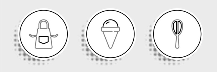 Sticker - Set line Kitchen whisk, apron and Ice cream in waffle cone icon. Vector