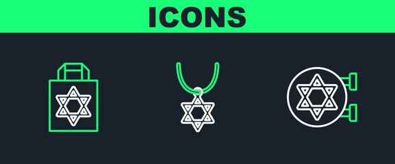 Canvas Print - Set line Jewish synagogue, Shopping bag with star of david and Star David necklace on chain icon. Vector