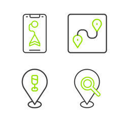 Poster - set line search location, alcohol or beer bar, route and city map navigation icon. vector