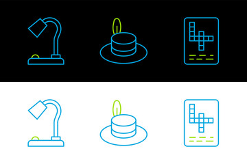 Poster - Set line Crossword, Table lamp and Man hat icon. Vector