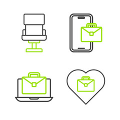 Sticker - Set line Heart with text work, Online working, Freelancer and Office chair icon. Vector