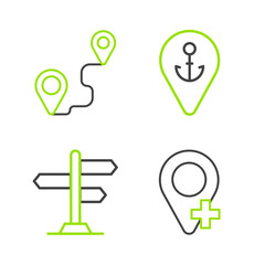 Sticker - Set line Location, Road traffic sign, with anchor and Route location icon. Vector