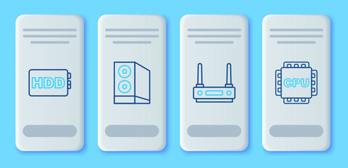 Poster - Set line Case of computer, Router and wi-fi signal, Hard disk drive HDD and Processor with CPU icon. Vector