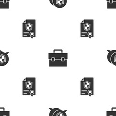 Poster - Set Location shield, Briefcase and Contract with on seamless pattern. Vector