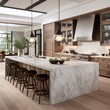 © Interior Design - Modern interior design of wooden kitchen with marble island and wooden stools