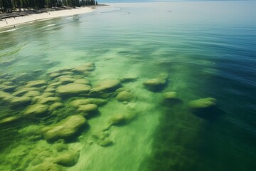 Poster - The world's oceans are turning green, acquiring an emerald color. Consequences of climate change. Ecology concept.