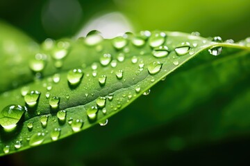  Beautiful water drops after rain on green leaf in sunlight