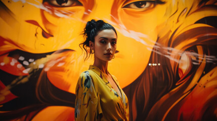 Wall Mural - A Taiwanese woman wearing a bright yellow dress with her black hair tied in a bun in front of a wall of bright murals. Her body is illuminated with the street lights and she stands