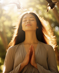 Wall Mural - An Asian woman meditates in an open clearing her hands poised above her and her eyes closed. The bright sun plays against her features creating a perfect balance of light and dark