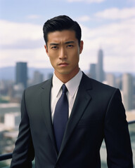 Wall Mural - An Asian man stands upright in a welltailored navy suit eyes focused on the horizon of the urban skyline. His hair combed back in a sleek modern style a veneer of sophistication radiates
