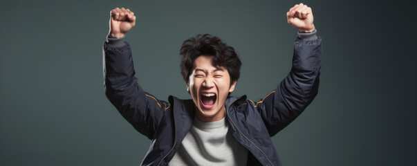 Wall Mural - A KoreanAsian man raising his hands in triumph after scoring a goal during a Karaoke game. His whole body radiates with energy from the rush of adrenaline as he shows off his competitive