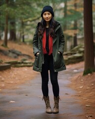 Wall Mural - An Asian woman in a fashionforward outfit featuring a military style peacoat leggings and hightop sneakers stands confidently before the camera. Her confident presence paired with