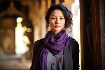 Wall Mural - An Asian woman stands at the entrance of an ancient Buddhist temple eyes closed in meditation and a scarf of deep purple dd loosely about her neck.