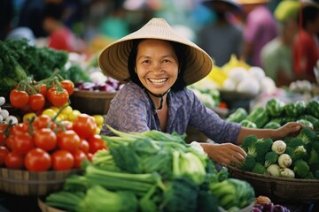 Wall Mural - An Asian woman peruses a farmers market with a peaceful smile admiring the abundance of colors and aromas. She pays with cash and a friendly exchange of pleasantries carrying away