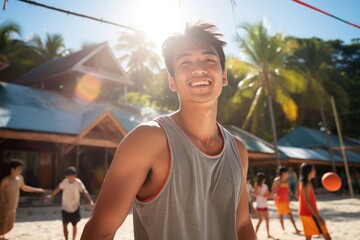 Wall Mural - A young Singaporean man playing beach volleyball with his friends. His enthusiasm for the game is obvious and his deep brown skin is illuminated by the sunshine.