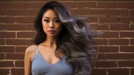 Wall Mural - An Asian girl stands bold and beautiful against a brick wall with her hands tucked into her pockets of her dd gray dress. Her billowing hair falls in loose waves and her intense gaze