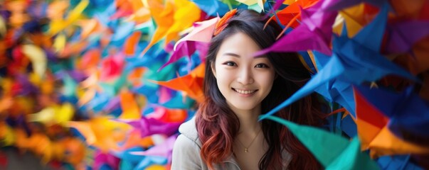 Wall Mural - A young Asian woman smiles brightly at the camera her hair topped with an array of origami birds in bright colors. The traditional scene involves a sense of ingenuity a representation