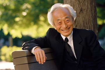 Wall Mural - An elderly Japanese man wearing a black suit sits on a park bench a smile creasing his face as he looks out onto a sunny morning.