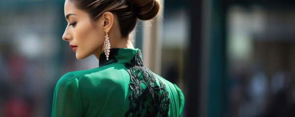 Wall Mural - An Asian woman with her hair pulled back elegantly in a sleek bun peers over her shoulder. Her luxurious emeraldgreen gown is flowing and the intricate reflected details of the fabric