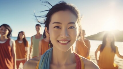 Wall Mural - A group of colourful Asian faces turn towards the camera eyes shining with optimism as they stand on the sunny beach. In one frame a Chinese girl beams as she holds a yoga pose demonstrating