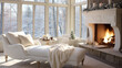 An inviting winter interior featuring a broad brick fireplace a soft white chaise lounge in front of the mantel and glass panels bringing in a view of the shivering